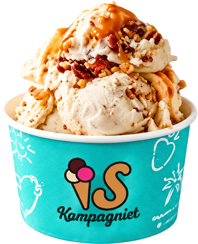 Bæger med kugler af frisklavet gelato og saltkaramel